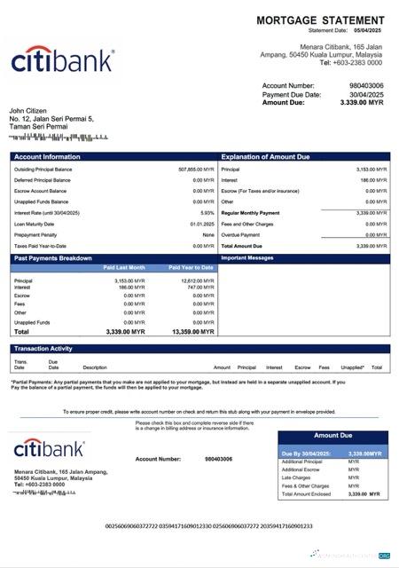 Download Malaysia Citibank Malaysia mortgage statement Word and PDF template Photoshop template